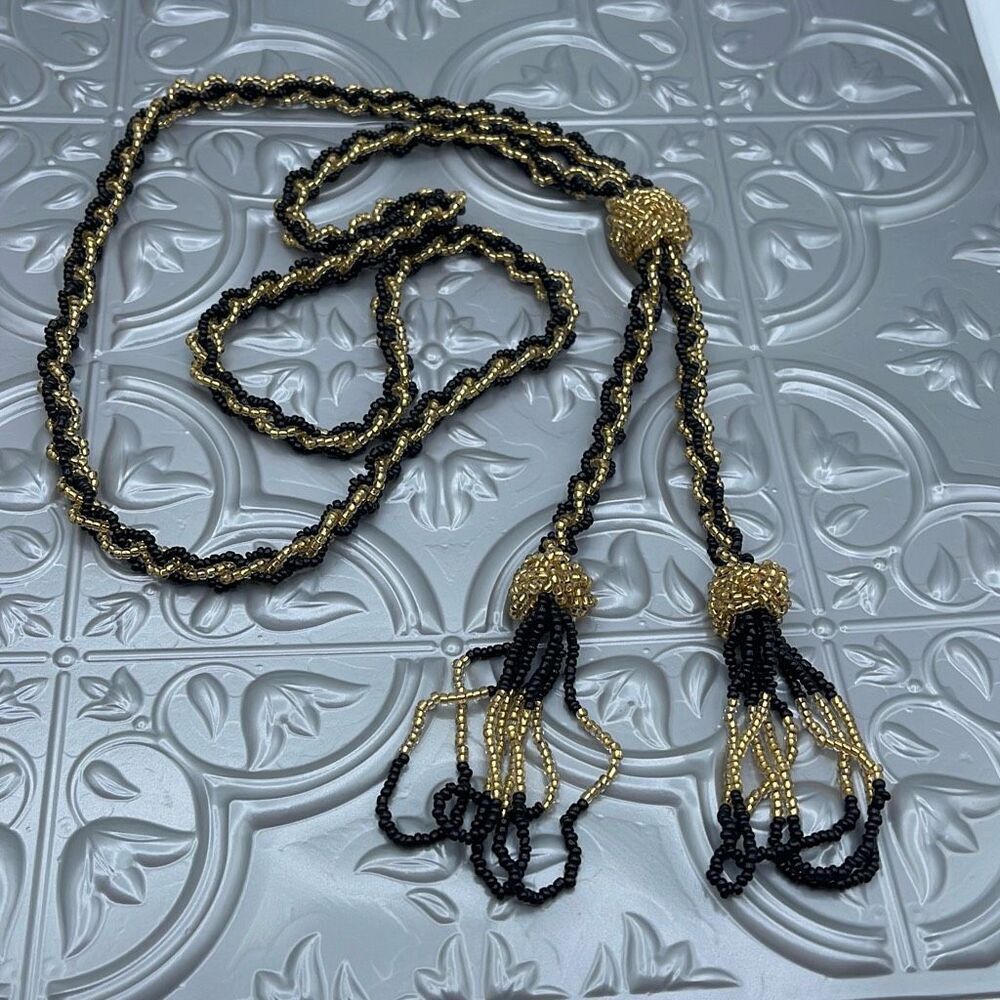 Vintage long seed bead flapper style black n gold necklace - Picture 1 of 11